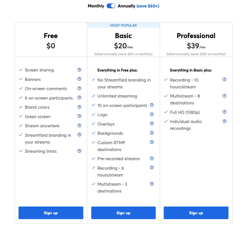 StreamYard Pricing